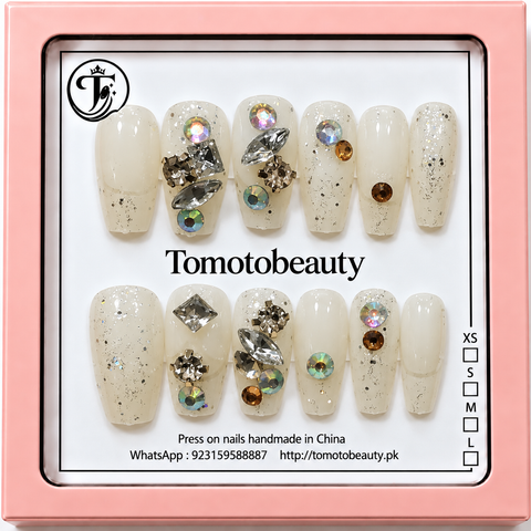 Milky White Silver Glitter Crystal Press On Nails – A056