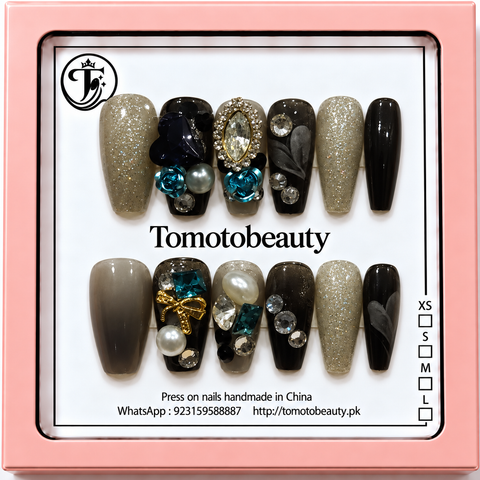 Charcoal Grey Black Blue Rose Crystal Press On Nails – A080