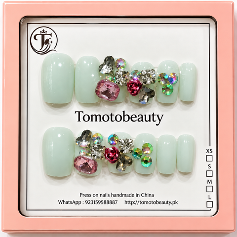Mint Green Pink Floral Crystal Press On Nails – A126