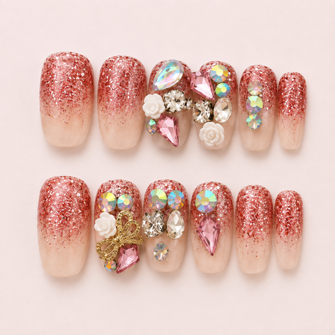 Rose Glitter Crystal Garden Press-On Nails