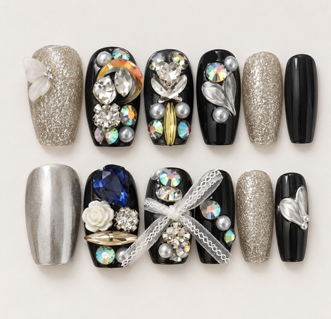 Midnight Silver Crystal Bow Press-On Nails