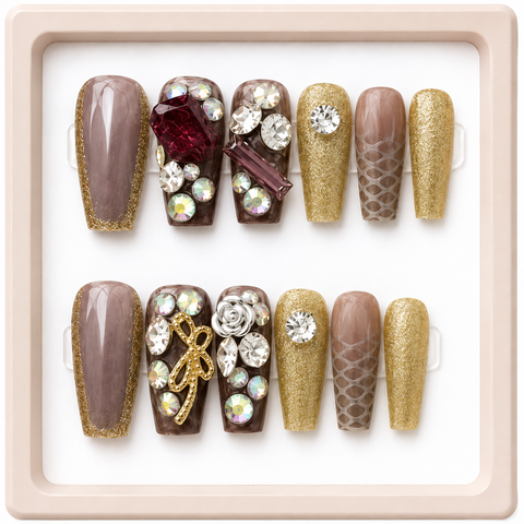 Mocha Burgundy Gold Crystal Press-On Nails