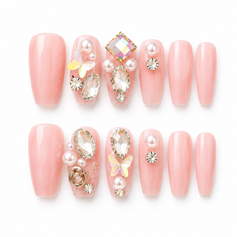 Blush Pearl Butterfly Crystal Press-On Nails