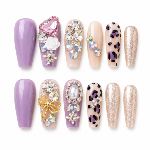 Lavender Leopard Crystal Glam Press-On Nails