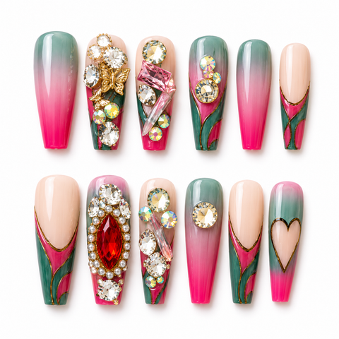 Emerald Rose Butterfly Crystal Press-On Nails