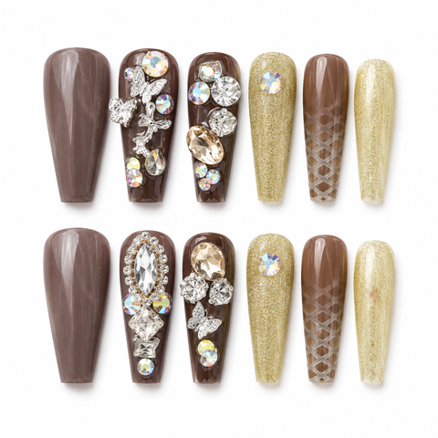 Mocha Gold Butterfly Crystal Press-On Nails