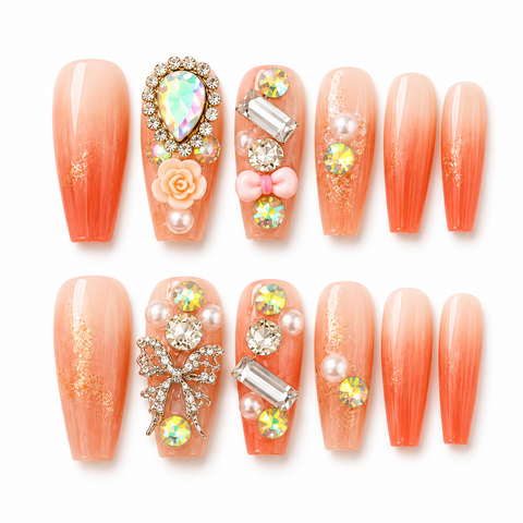 Coral Sunset Crystal Bow Press-On Nails