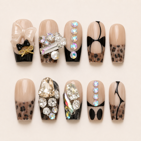 Leopard Bow Crystal Glam Press-On Nails