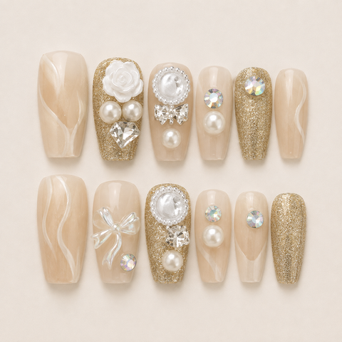 Golden Pearl Bow Elegance Press-On Nails