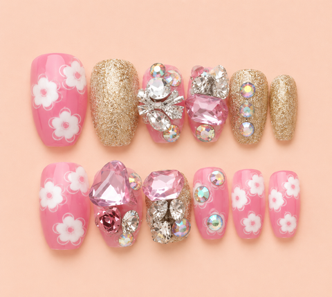 Pink Blossom Crystal Glam Press-On Nails