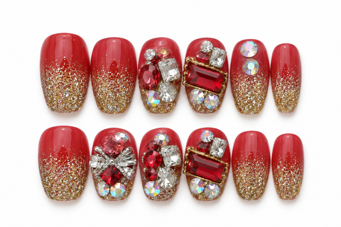 Ruby Gold Glitter Crystal Press-On Nails