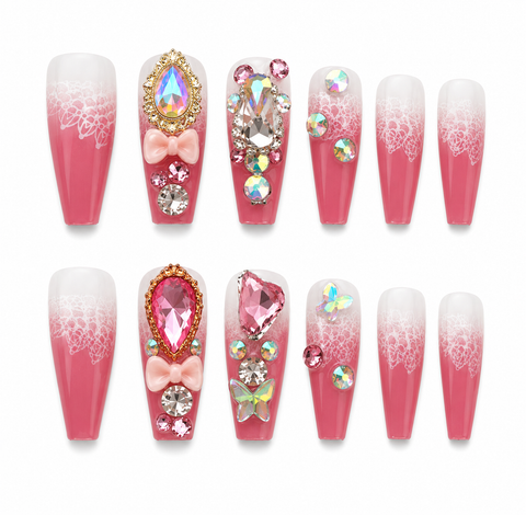 Rose Lace Crystal Bow Press-On Nails