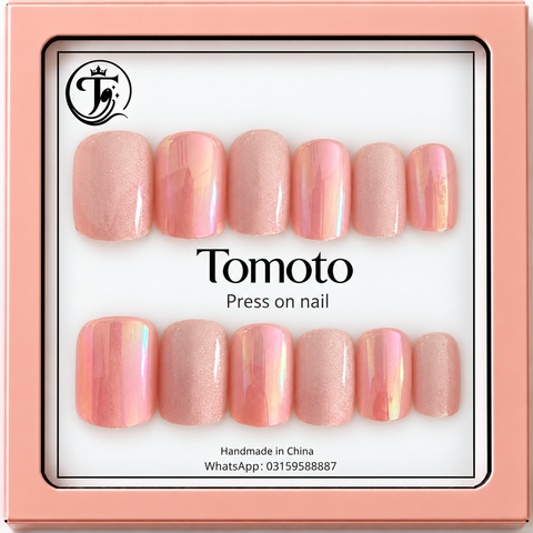 Soft Blush Pink Glitter Accent Short Square Press On Nails – B013