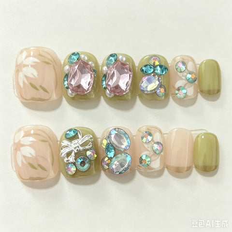 Olive Blush Crystal Bow Press-On Nails