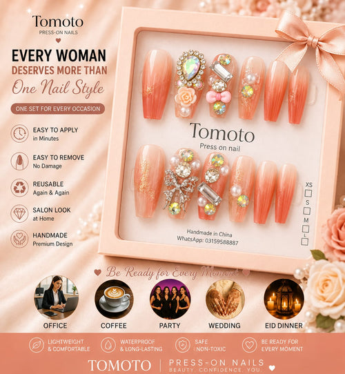 Elegant Peach Floral Rhinestone Press-On Nails