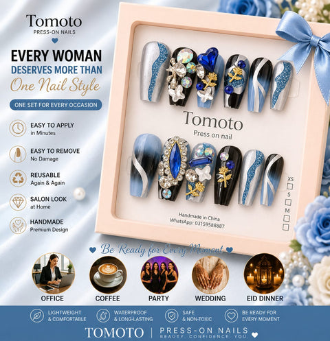 Elegant Blue & Black Glam Press-On Nails
