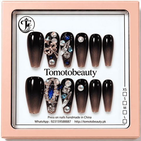 Tomoto Beauty A022 Black Ombre Sapphire Blue Crystal Bow 12 piece artificial nails