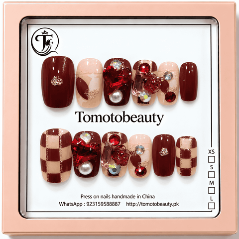 Tomoto Beauty A023 Burgundy Red Checkered Heart Crystal 12 piece artificial nails