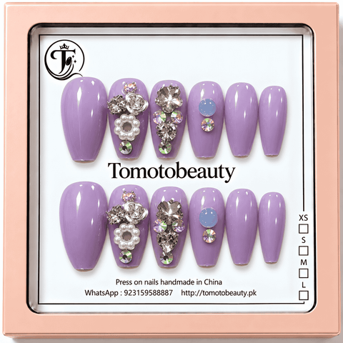 Tomoto Beauty A024 Lavender Purple Pearl Flower Crystal 12 piece artificial nails