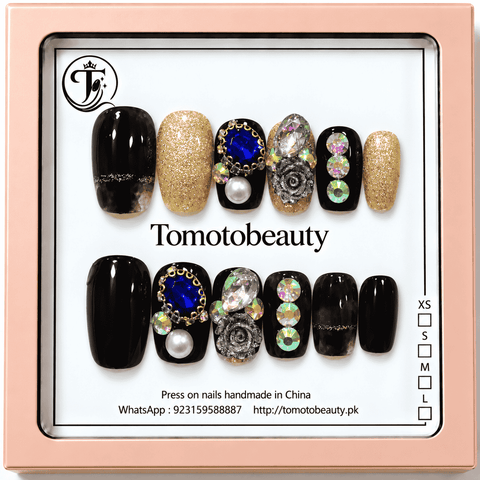 Tomoto Beauty A026 Black Gold Glitter Sapphire Blue Crystal 12 piece artificial nails