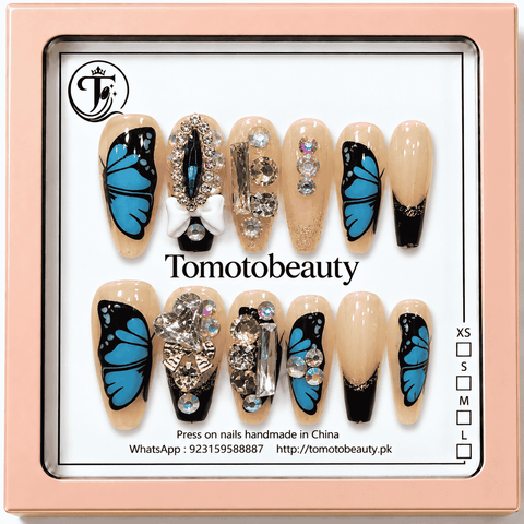 Tomoto Beauty A027 Blue Butterfly Nude Crystal 12 piece artificial nails