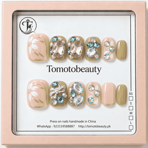 Tomoto Beauty A028 Sage Olive Green Floral Blue Crystal 12 piece artificial nails