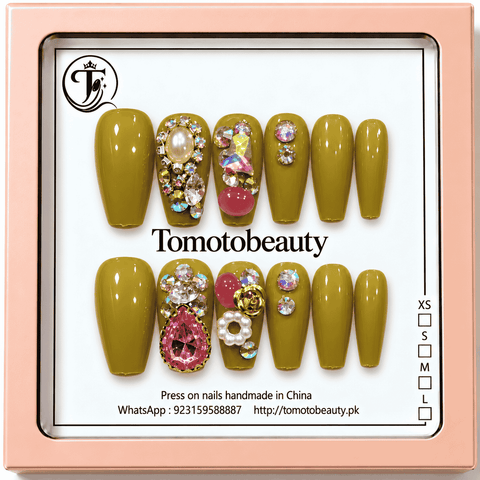 Tomoto Beauty A030 Mustard Olive Yellow Pink Gemstone 12 piece artificial nails