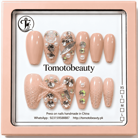 Tomoto Beauty A031 Blush Peach Rose Crystal Ribbon 12 piece artificial nails