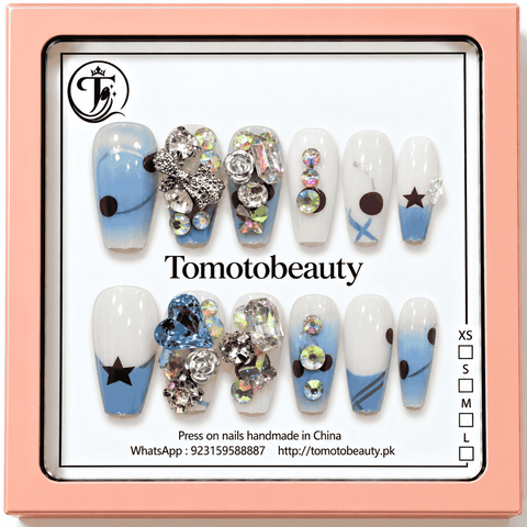 Tomoto Beauty A051 Sky Blue White Star Crystal Bow 12-piece nail set