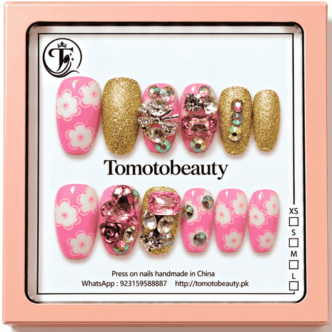 Tomoto Beauty A052 Pink Floral Gold Glitter Crystal 12-piece nail set