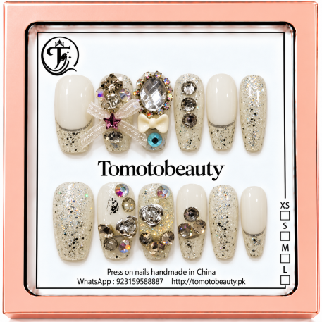 Milky White Silver Crystal Floral Press On Nails – A059