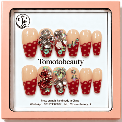 Tomoto Beauty A063 Cherry Red Polka Dot Crystal Bow 12-piece nail set