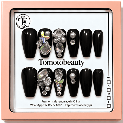 Tomoto Beauty A064 Glossy Black Pearl Butterfly Crystal 12-piece nail set