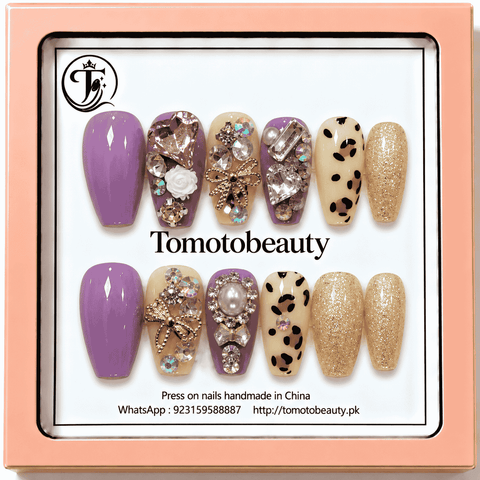 Tomoto Beauty A065 Lavender Leopard Print Gold Glitter 12-piece nail set