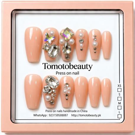 Peach Nude Crystal Floral Press On Nails – A066