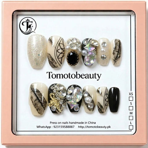 Tomoto Beauty A068 Ivory Black Feather Glitter Crystal 12-piece nail set