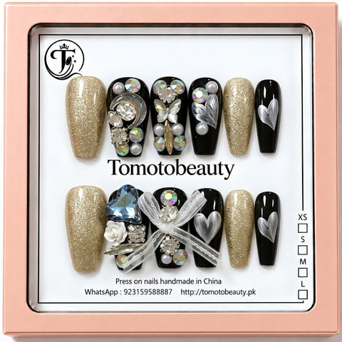 Tomoto Beauty A073: Black Gold Glitter Silver Heart Crystal, 12-piece artificial nail set