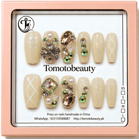 Tomoto Beauty A077: Ivory Champagne Crystal Pearl Bow, 12-piece artificial nail set