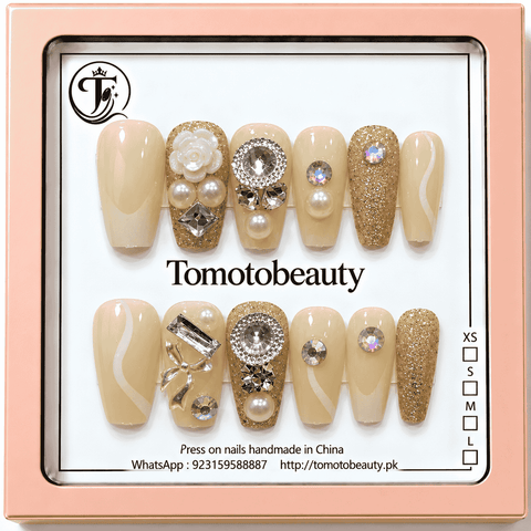 Tomoto Beauty A079: Ivory Gold Glitter Pearl Rose Crystal, 12-piece artificial nail set