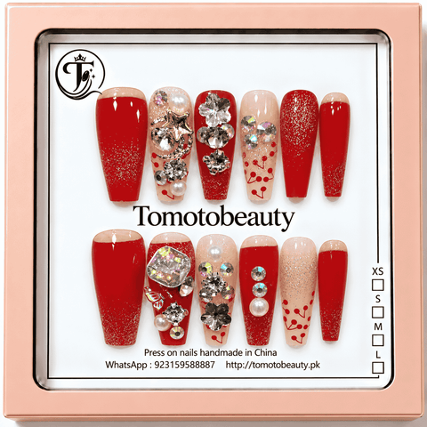 Tomoto Beauty A082: Cherry Red Glitter Star Crystal, 12-piece artificial nail set