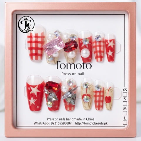 Tomoto Beauty A083: Red White Gingham Star Crystal, 12-piece artificial nail set
