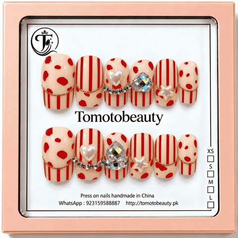 Tomoto Beauty A088: Red Polka Dot Striped Pearl Star, 12-piece artificial nail set