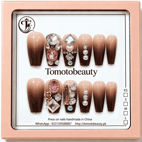 Tomoto Beauty A089: Chocolate Brown Ombre Pink Crystal Pearl, 12-piece artificial nail set
