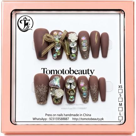 Mocha Taupe Crystal Pearl Press On Nails – A090