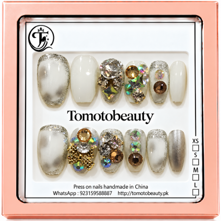 Ivory White Gold Floral Crystal Press On Nails – A099