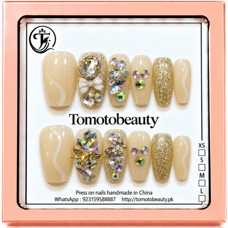 Champagne Gold Pearl Crystal Press On Nails – A100