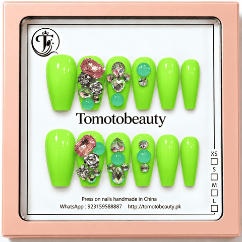 Neon Mint Green Pink Crystal Press On Nails – A106