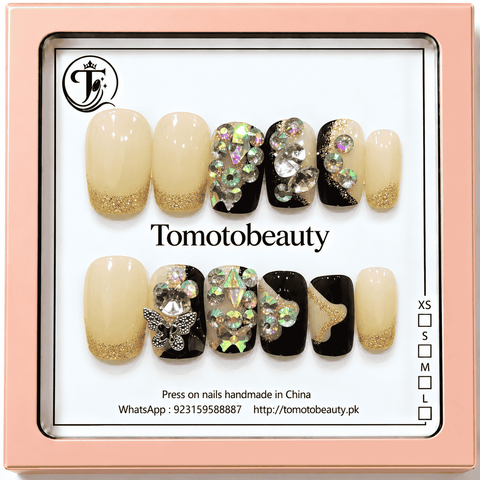 Ivory Black Gemstone Floral Press On Nails – A108