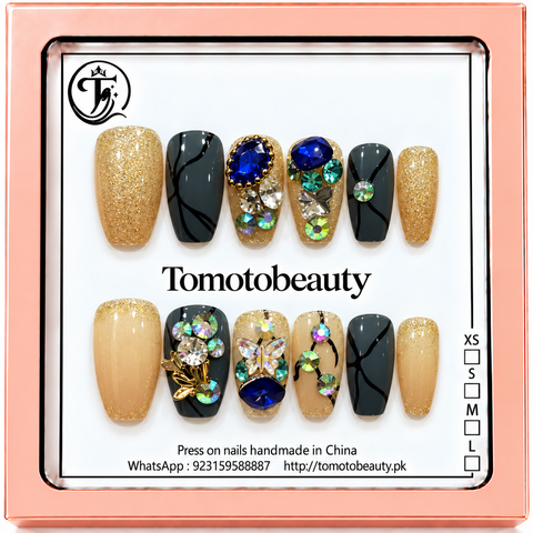 Champagne Gold Sapphire Blue Crystal Press On Nails – A110