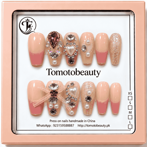 Blush Peach Crystal Floral Press On Nails – A111